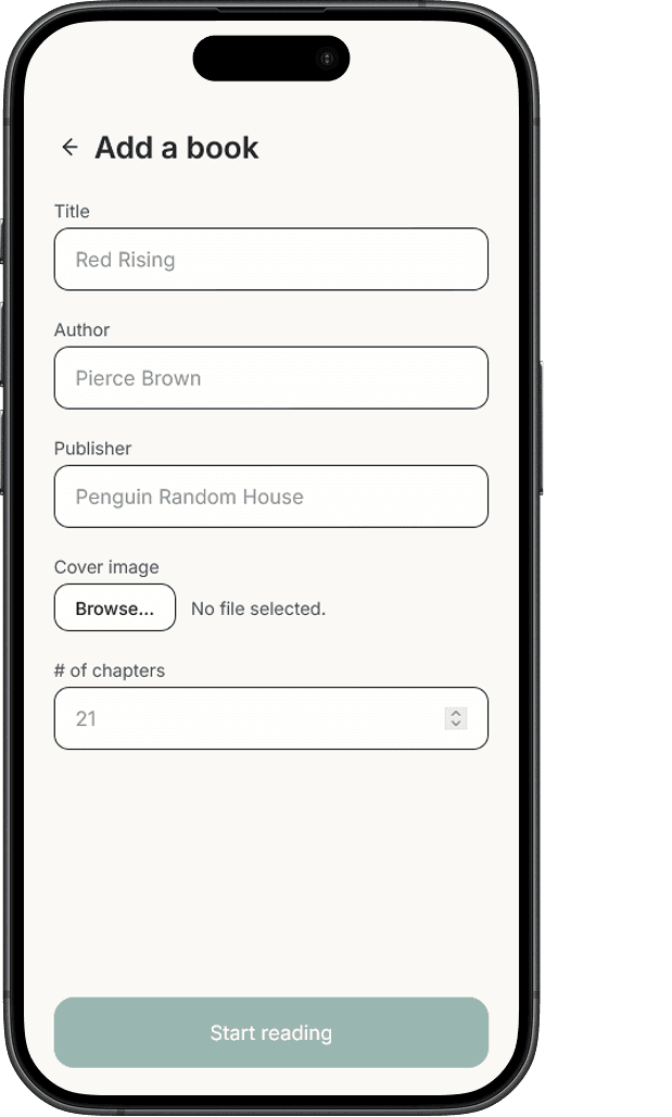 Reading app add book screen.